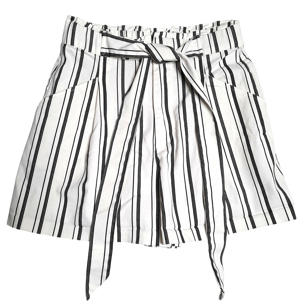 ZARA Paperbag Shorts Women XS Black White Striped Lightweight High Rise Summer‎